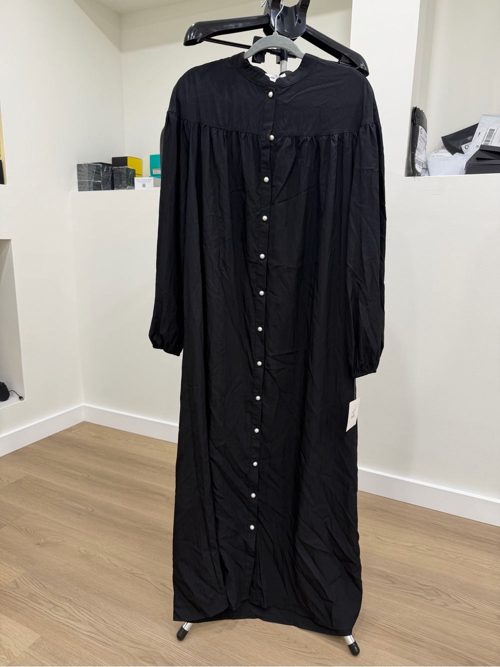 NWT BLANK  Long Button-Front Black Maxi Dress with Pearl Buttons